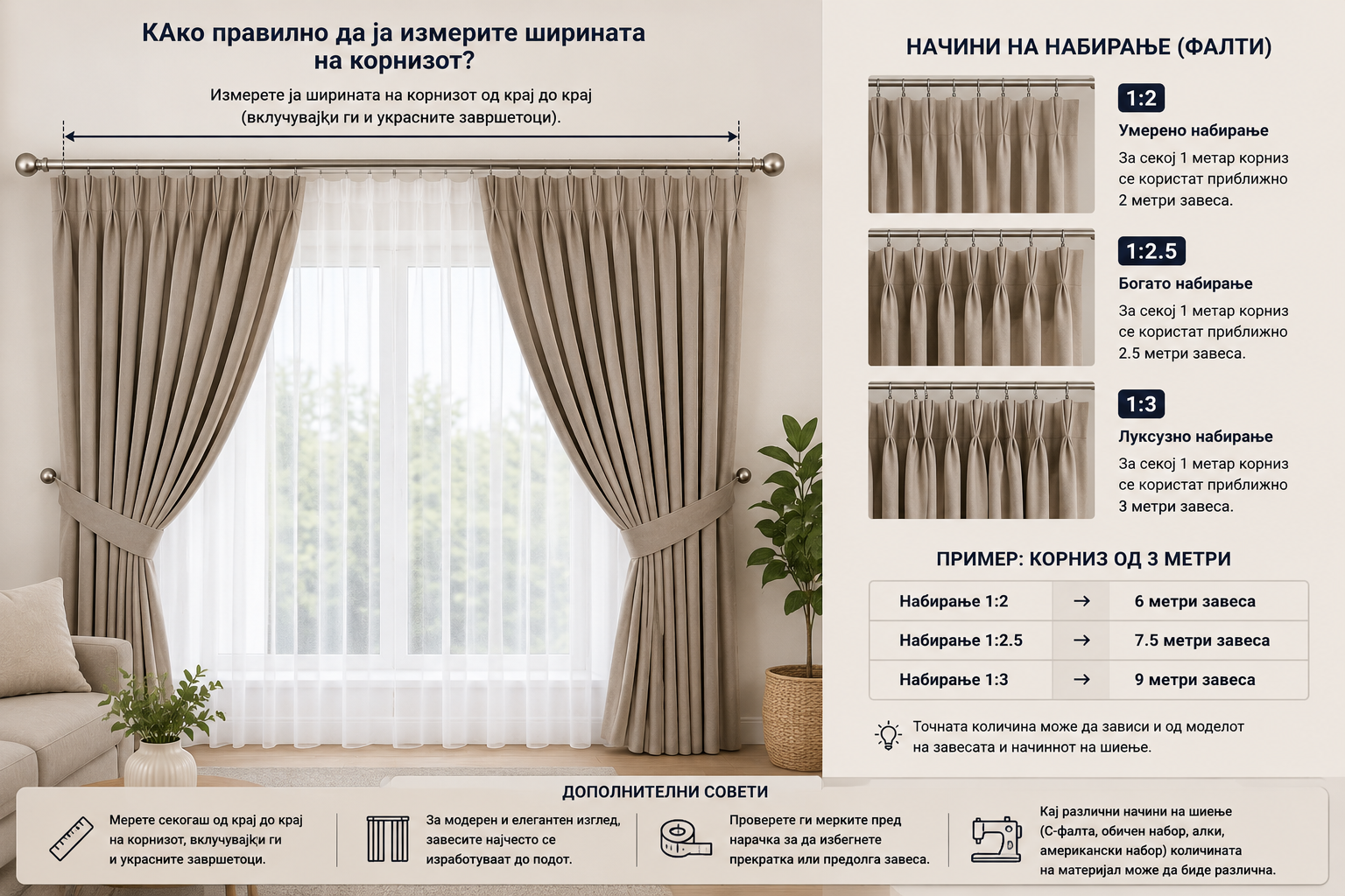 Како правилно да се измери ширината на корнизот и колку метри завеса се потребни